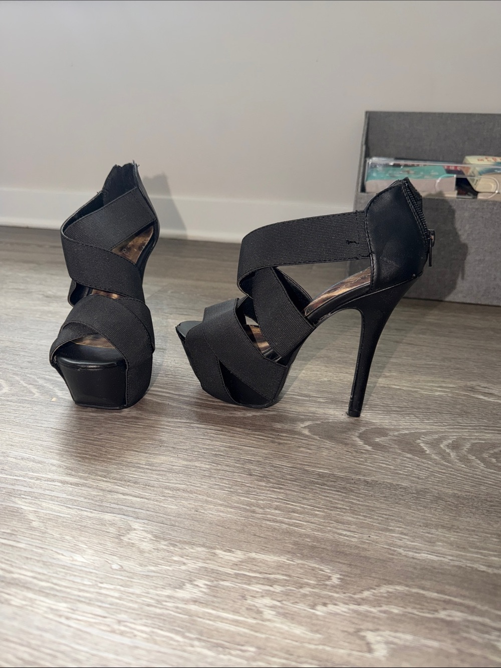 Qupid Black Crisscross Platform Stiletto Heels